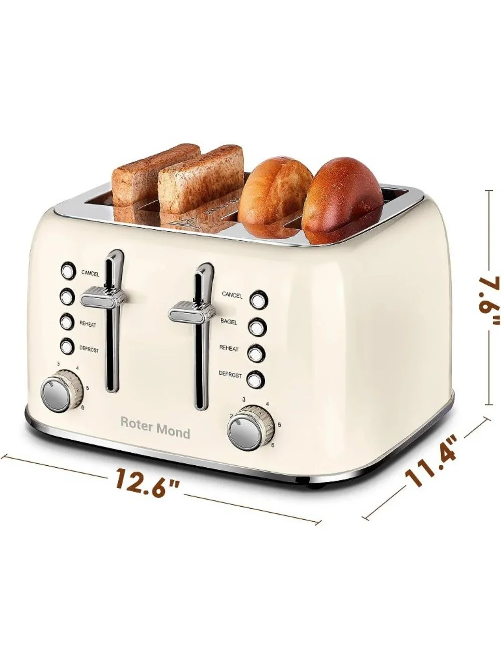 4 Slice Cream White Retro Stainless Steel with Extra Wide Slots Defrost Toaster